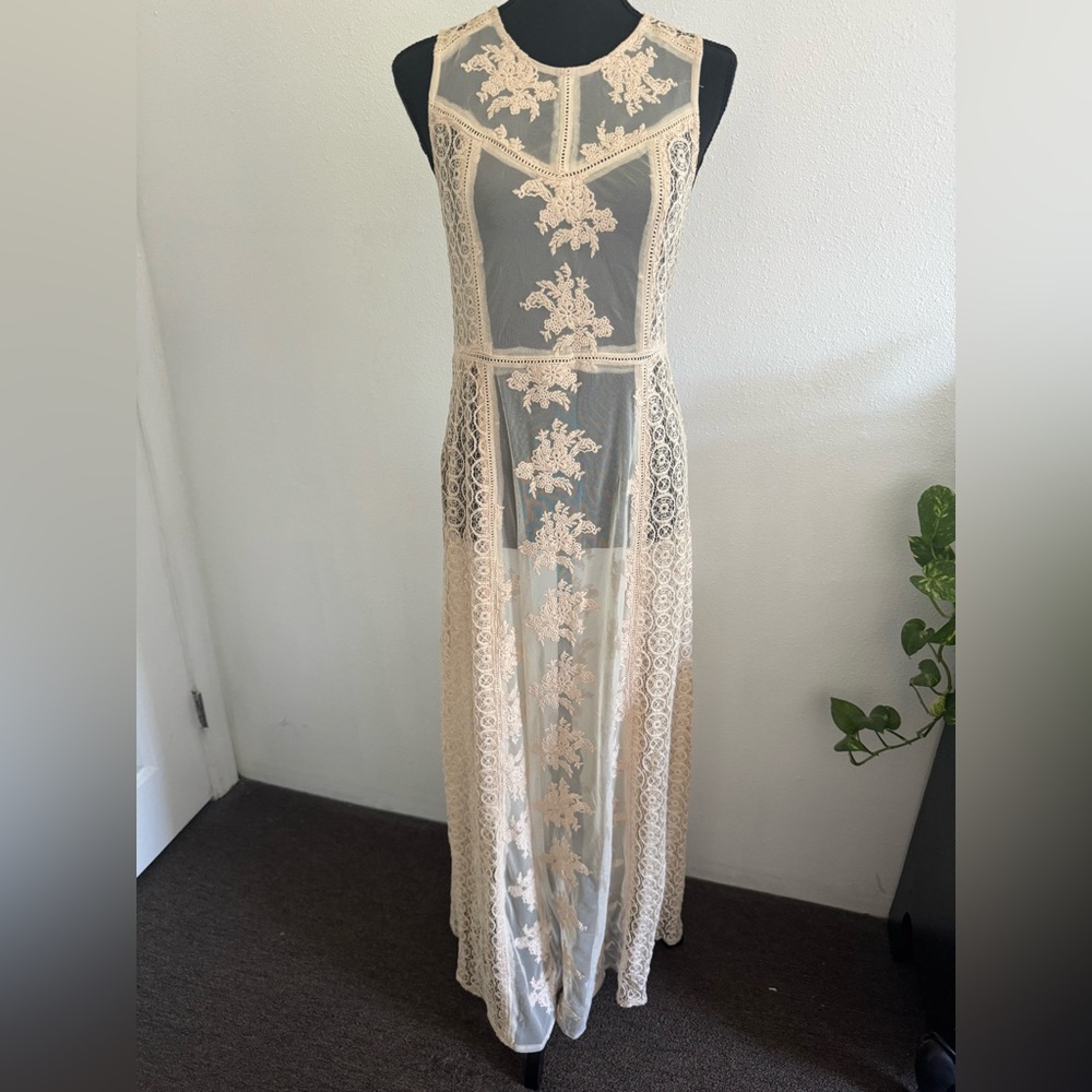 Forever 21 Sheer Cream Embroidered Lace Maxi Dress